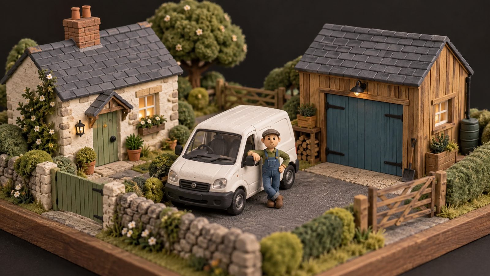 A clay figure in overalls leaning on a white van parked between two small buildings with differently coloured gates