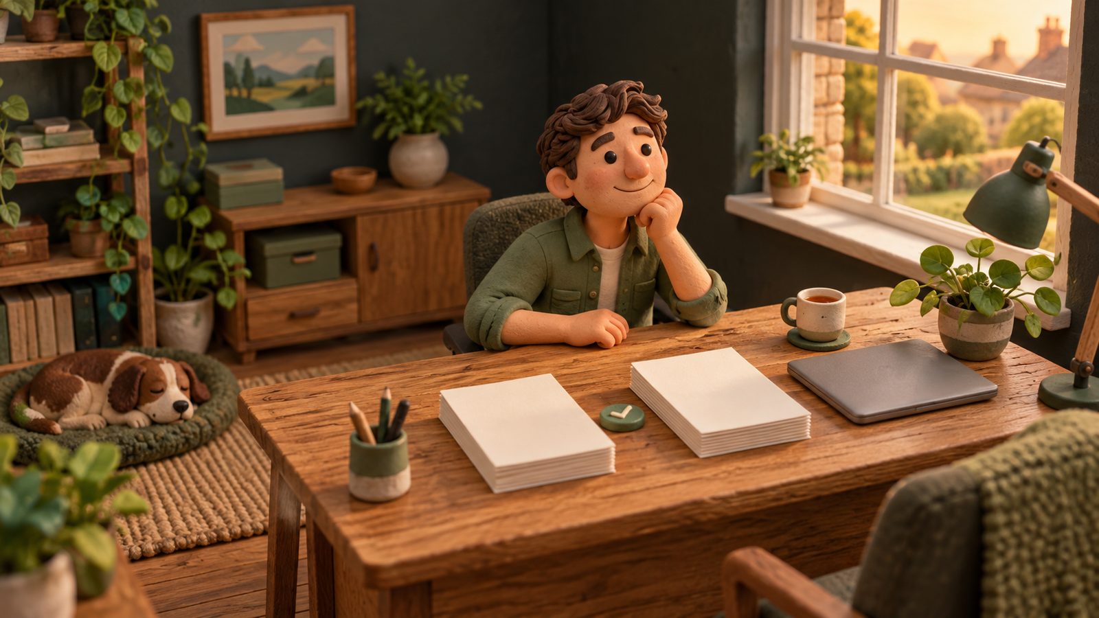 A relaxed clay business owner at a tidy wooden desk with two neat stacks of blank paperwork lined up side by side and a small green tick token between them, in warm evening light