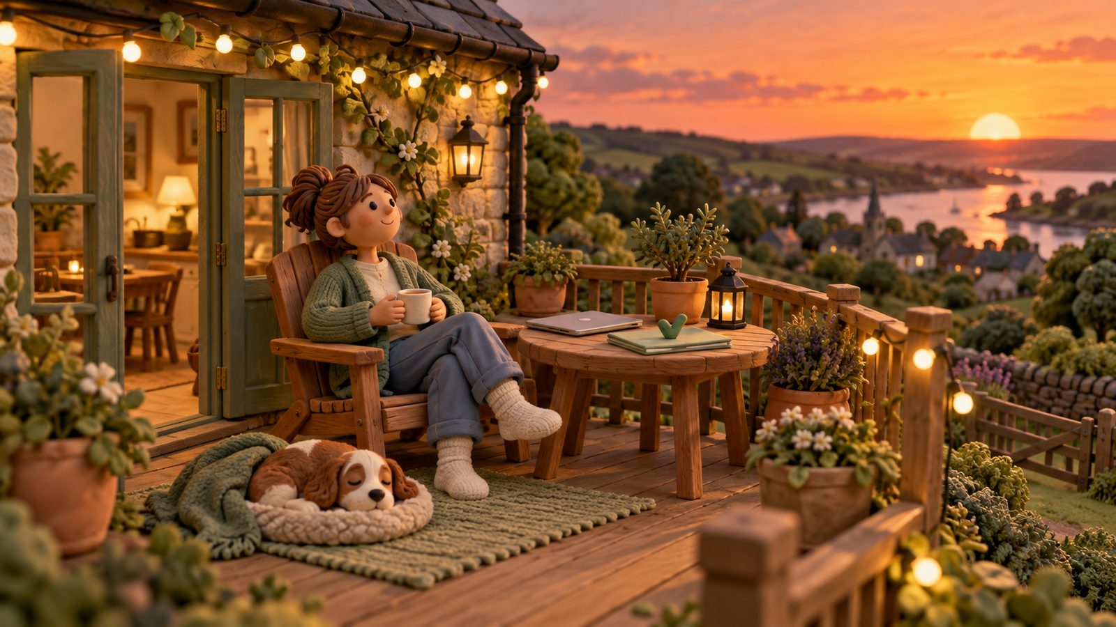 A relaxed clay figure on a porch at sunset with a cup of tea, a closed laptop and a tidy folder topped with a green tick beside them, a dog asleep on a rug
