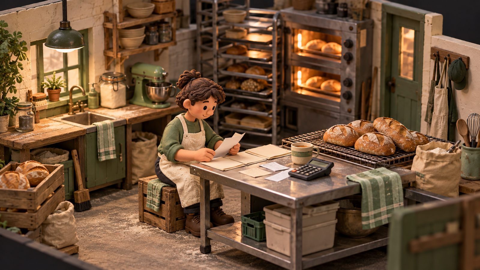 A clay figure in a flour-dusted apron sits on a crate in a bakery back room, sorting loose receipts and paper beside a calculator and a mug of tea