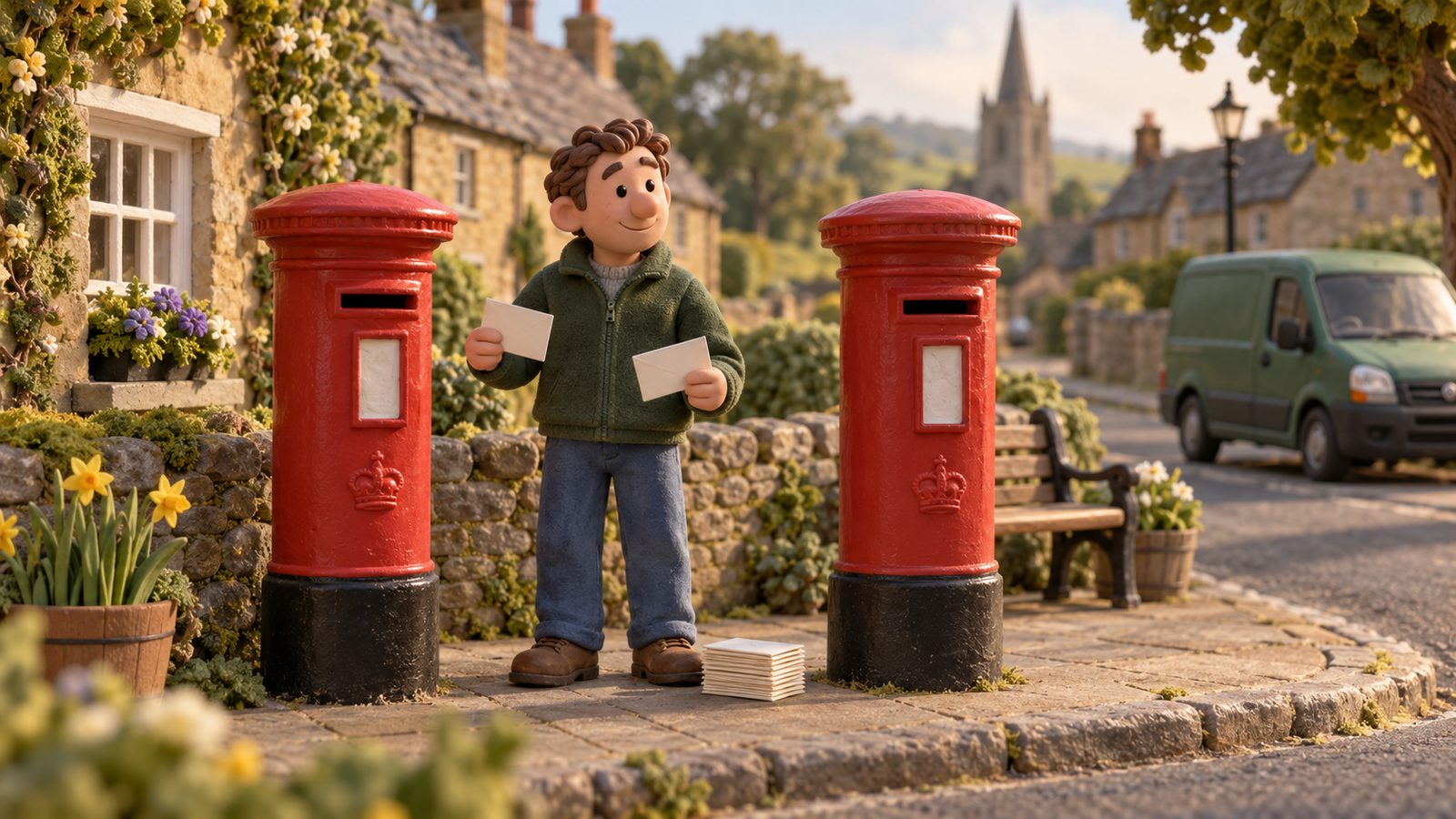 A small business owner standing between two separate red post boxes, holding a blank envelope for each
