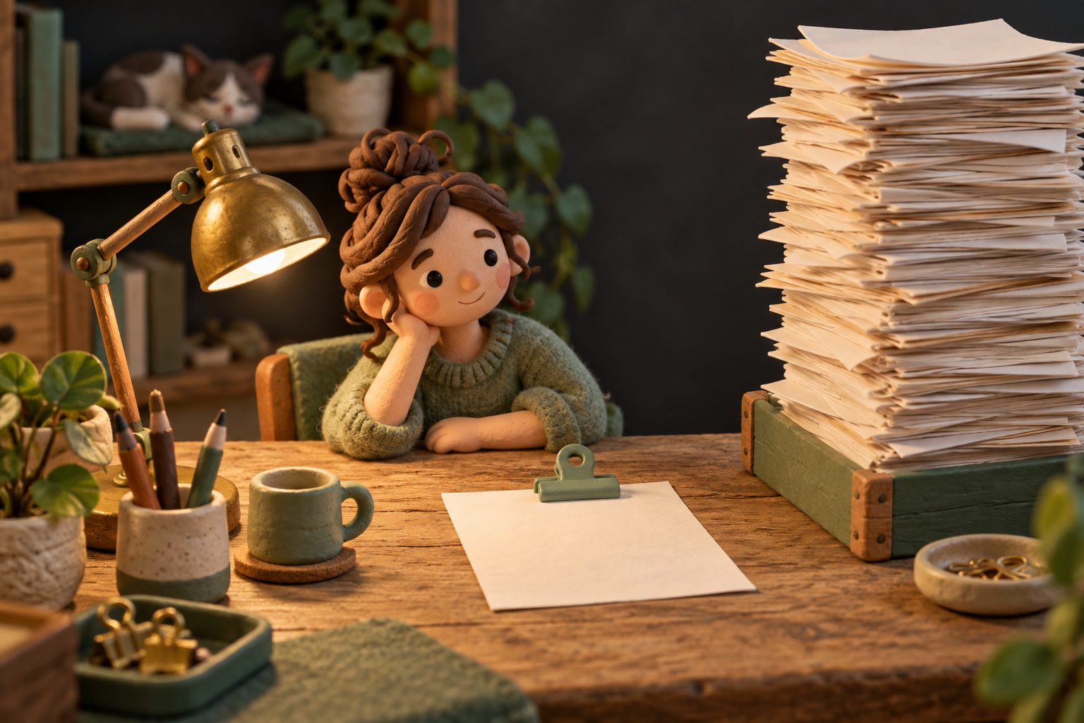 A single neat sheet of paper under a sage-green clip on a clay workbench, beside a much taller stack of papers