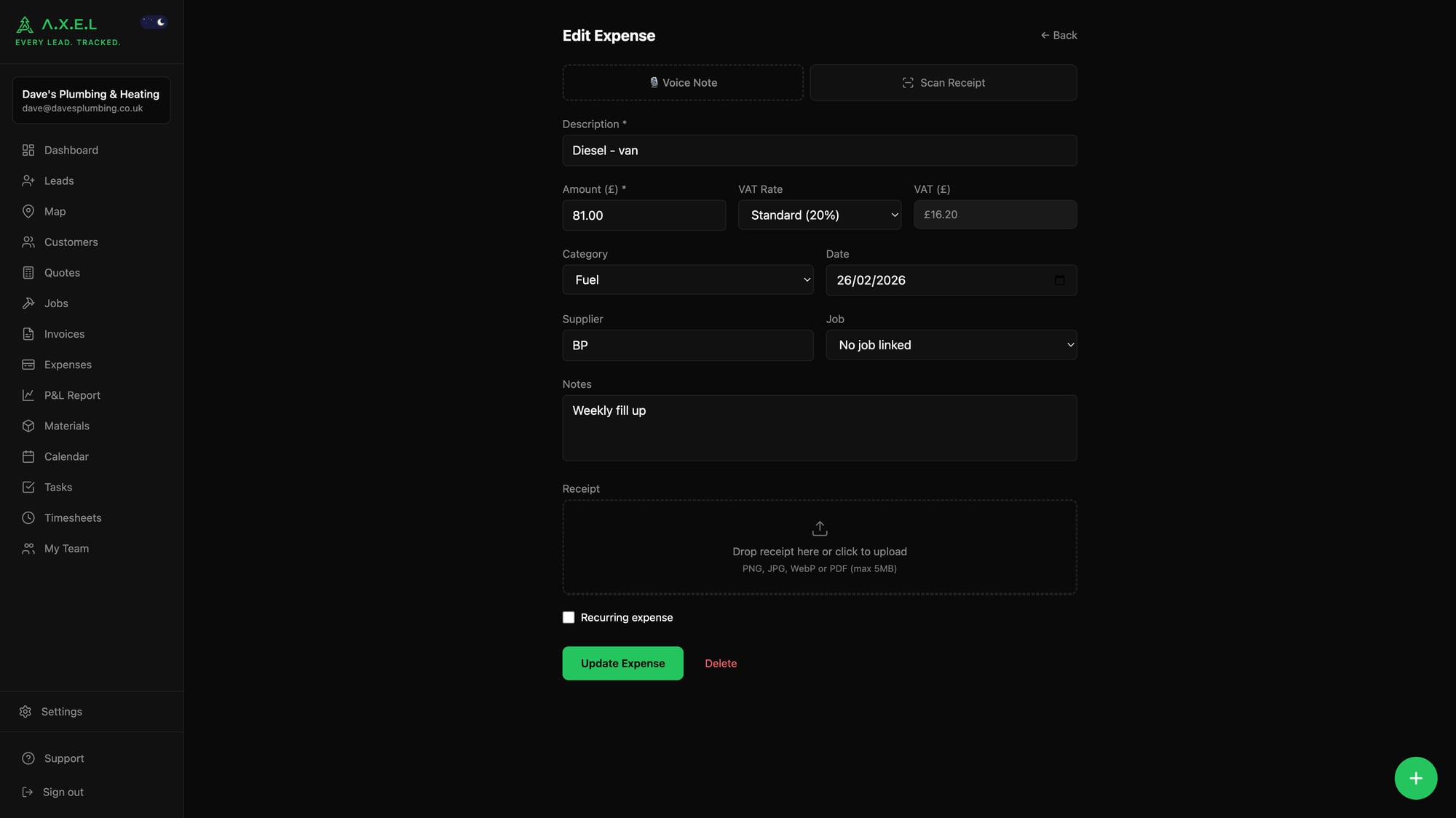 Expense edit form showing description, amount, VAT, category, supplier, job link, and receipt upload