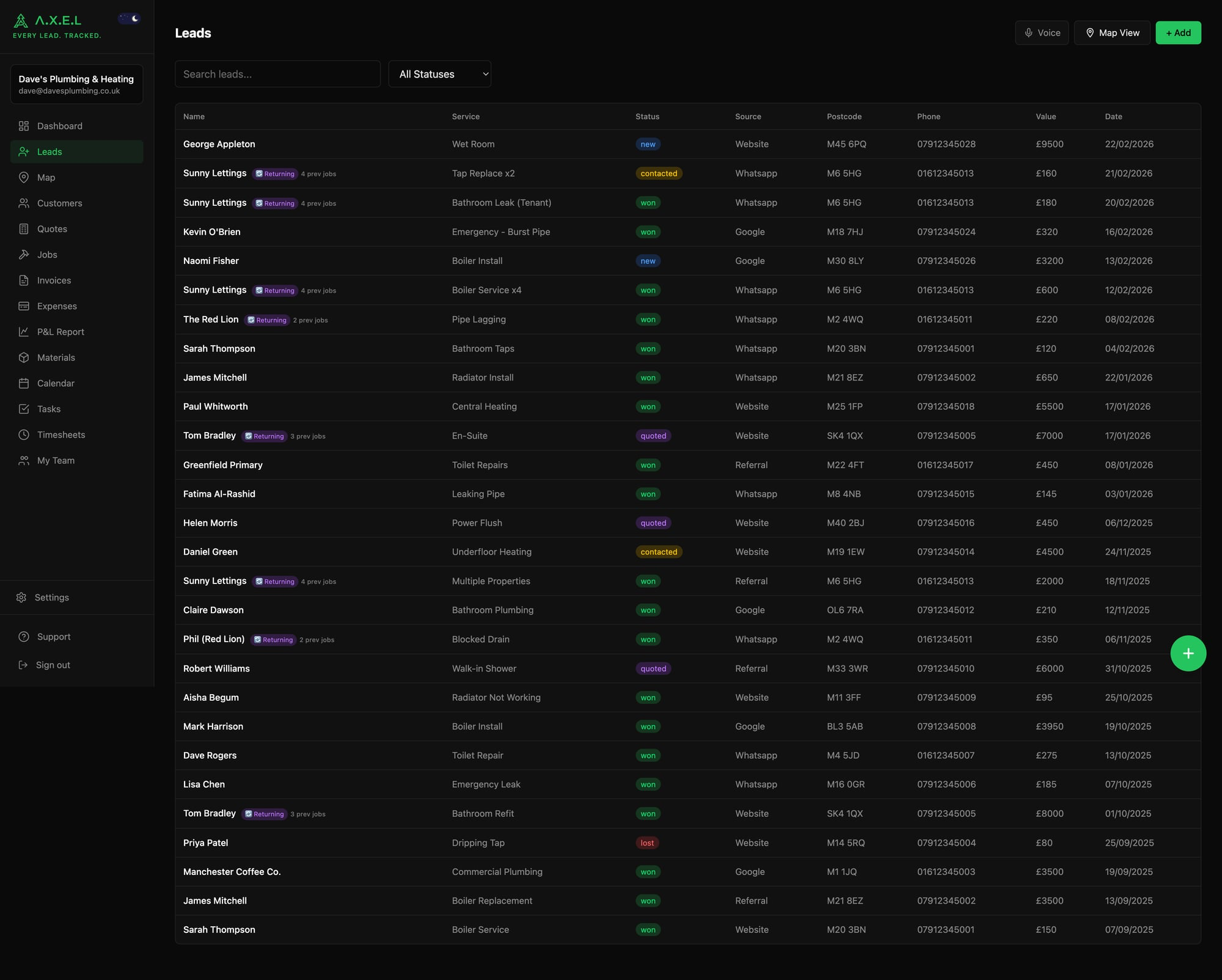 Leads list view showing all leads with statuses, sources, and values