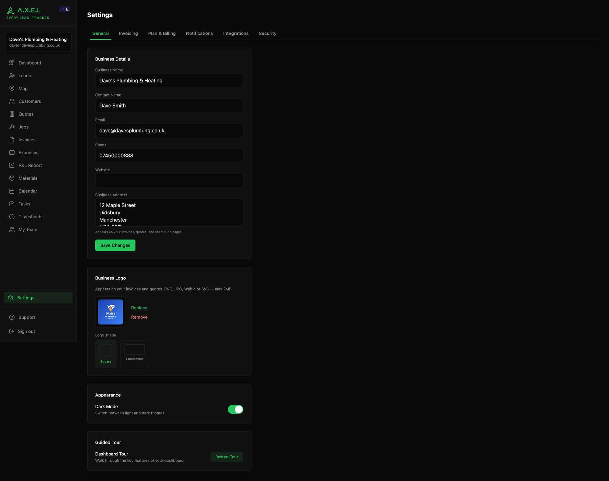 Settings - Business Details page