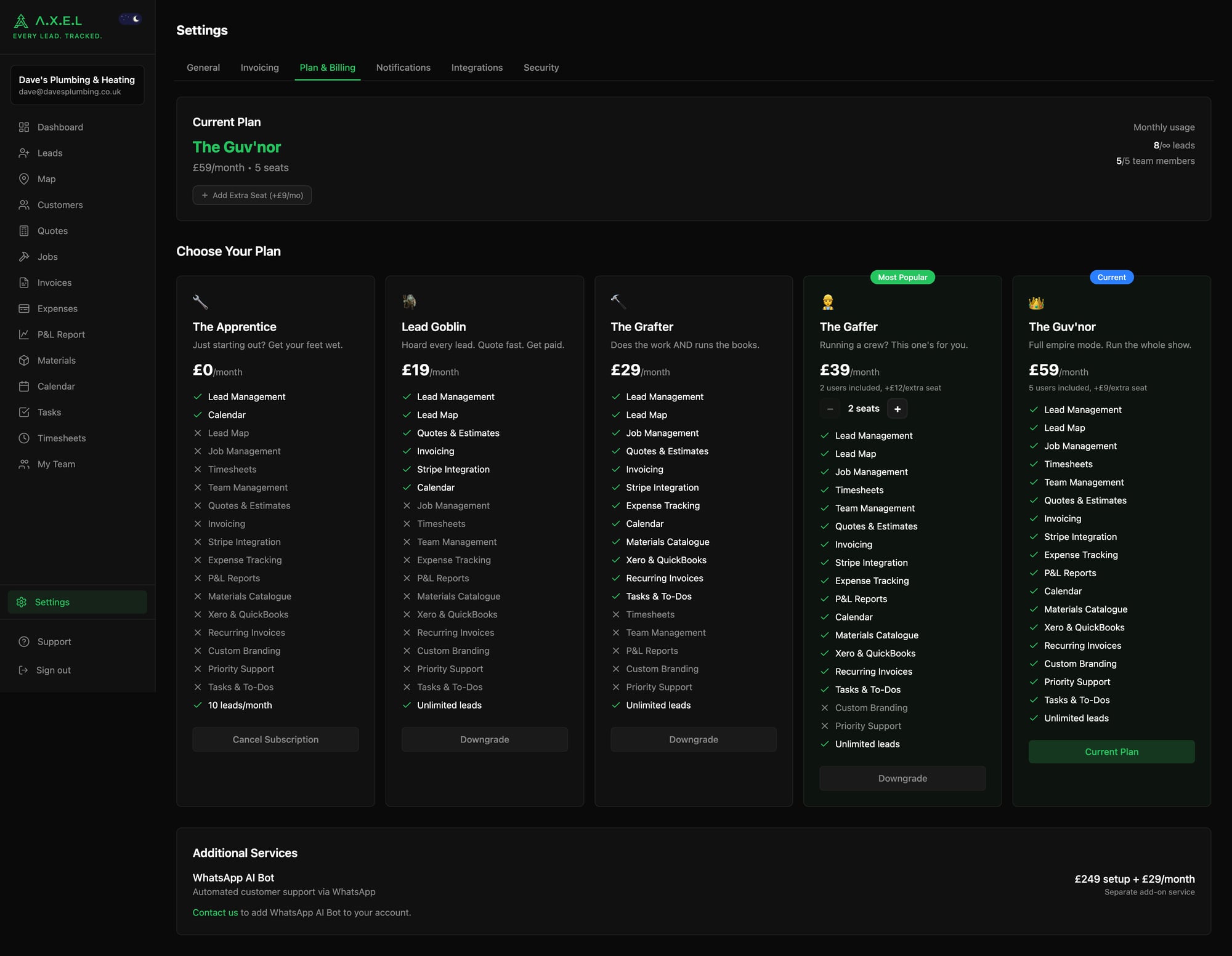 Settings - Plan & Billing page