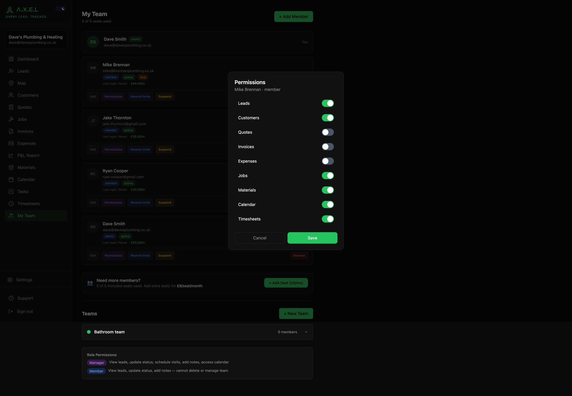 Team member permissions panel showing granular access controls for each section